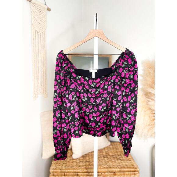 Leith Silky Floral Square Neck Blouse Small Black Long Balloon Sleeve - Picture 2 of 7